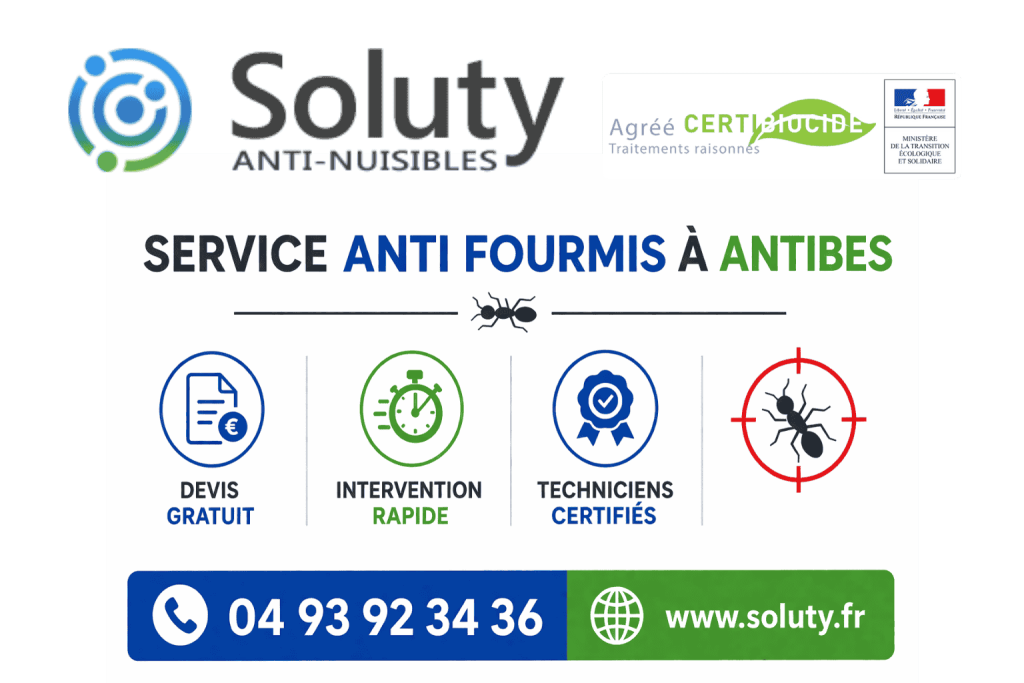 infographie de notre ENTREPRISE DE TRAITEMENT ANTI FOURMIS À Antibes avec devis gratuit + intervention rapide + techniciens certifiés + numéro de téléphone + adresse mail
