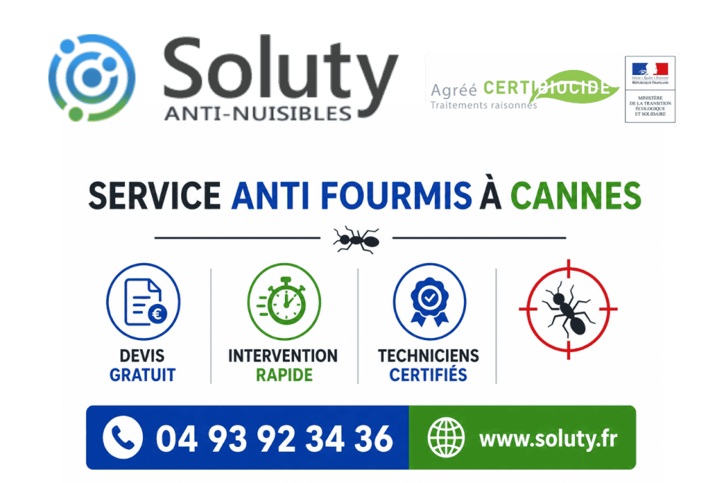 infographie de notre ENTREPRISE DE TRAITEMENT ANTI FOURMIS À Cannes avec devis gratuit + intervention rapide + techniciens certifiés + numéro de téléphone + adresse mail
