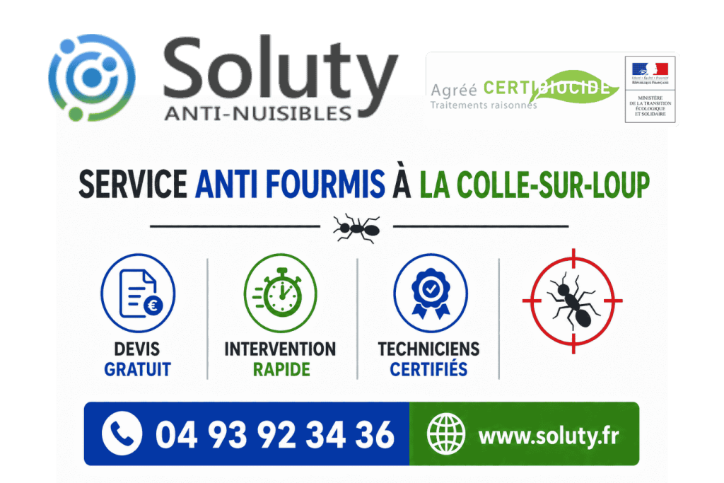 infographie de notre ENTREPRISE DE TRAITEMENT ANTI FOURMIS À La Colle-sur-Loup avec devis gratuit + intervention rapide + techniciens certifiés + numéro de téléphone + adresse mail
