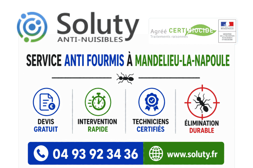 infographie de notre ENTREPRISE DE TRAITEMENT ANTI FOURMIS À Mandelieu-la-Napoule avec devis gratuit + intervention rapide + techniciens certifiés + numéro de téléphone + adresse mail
