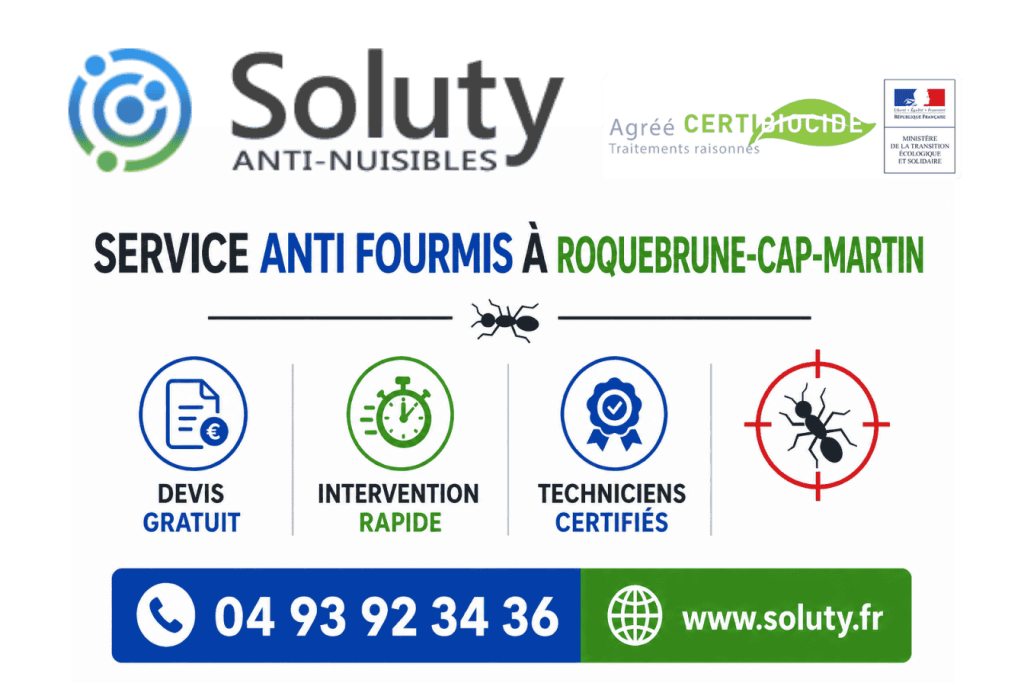 infographie de notre ENTREPRISE DE TRAITEMENT ANTI FOURMIS À Roquebrune-Cap-Martin avec devis gratuit + intervention rapide + techniciens certifiés + numéro de téléphone + adresse mail
