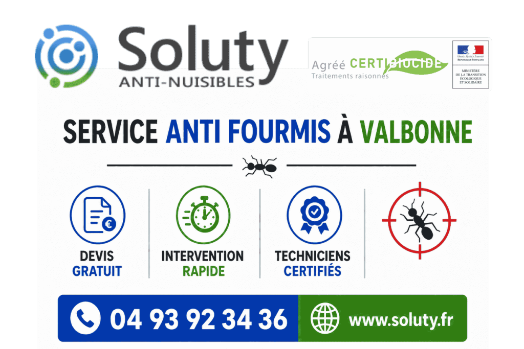 infographie de notre ENTREPRISE DE TRAITEMENT ANTI FOURMIS À Valbonne avec devis gratuit + intervention rapide + techniciens certifiés + numéro de téléphone + adresse mail
