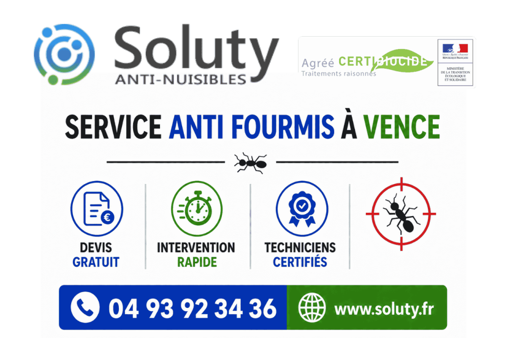infographie de notre ENTREPRISE DE TRAITEMENT ANTI FOURMIS À Vence avec devis gratuit + intervention rapide + techniciens certifiés + numéro de téléphone + adresse mail